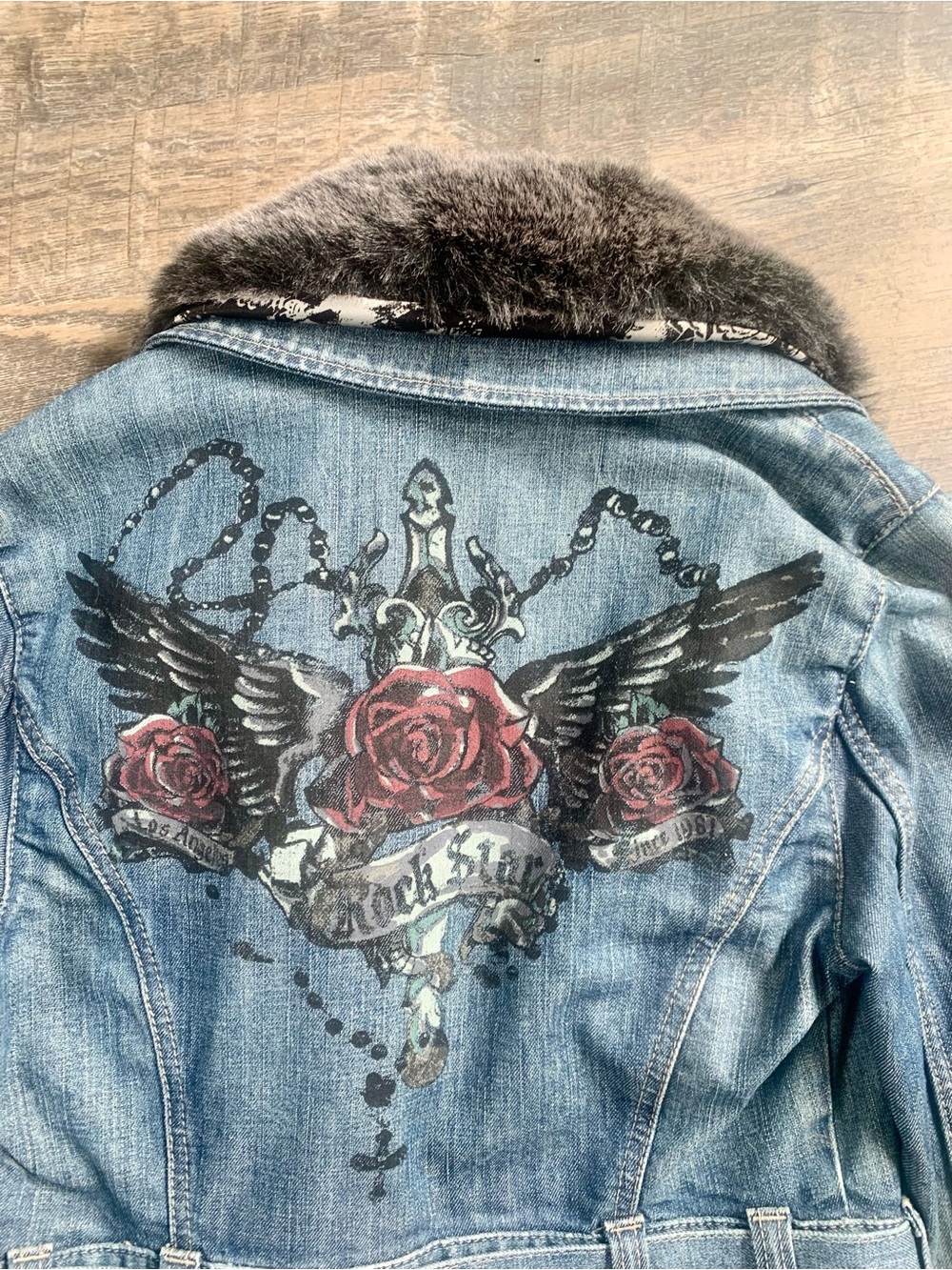 Guess Y2K Blue Denim Whimsigoth Rockstar Jacket   with Faux Fur Collar &Red Ros